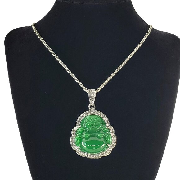 14K White Gold Womens 1ct Diamond Green Jade Buddha Necklace 14 K Silver Buddah